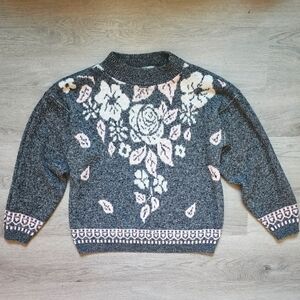 Kate Collins Women's Vintage Grey Floral Mock Neck Long Sleeve Sweater Medium M